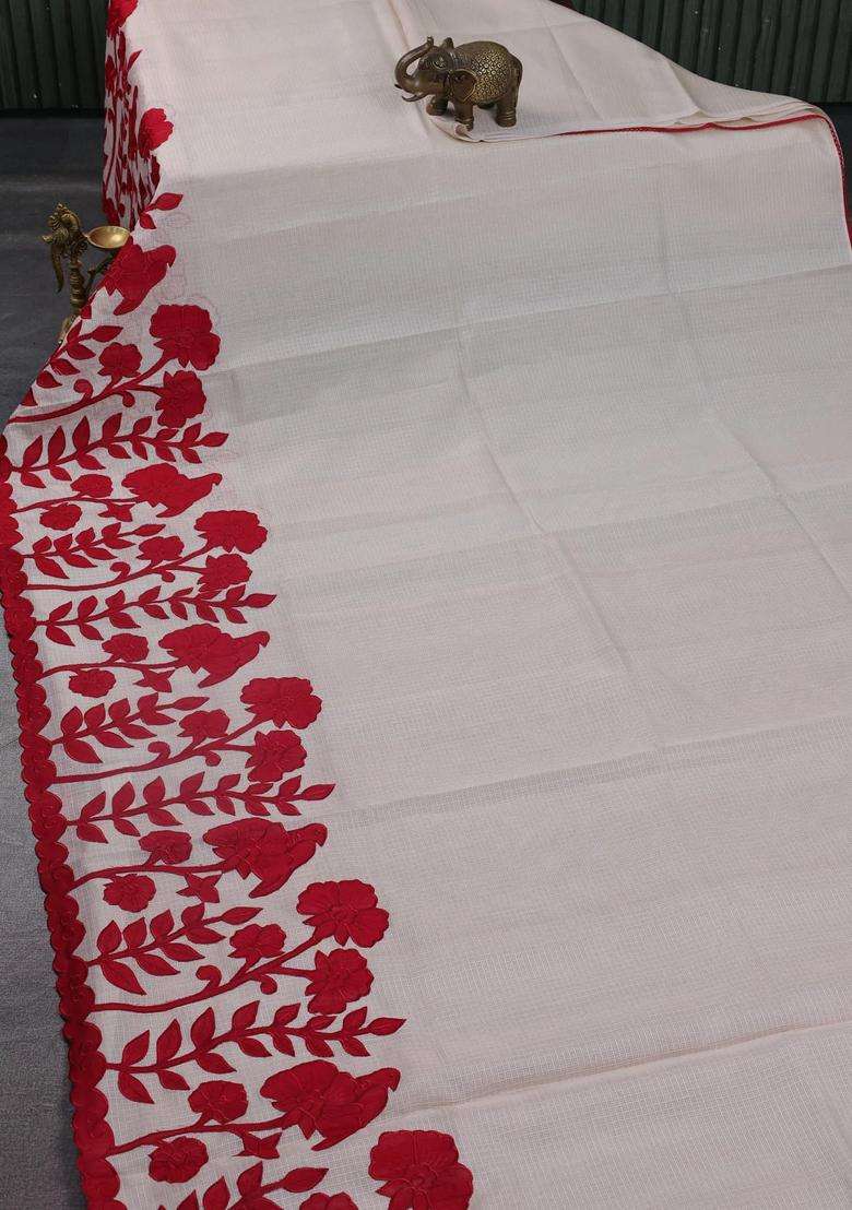 Kota Cotton Saree Beige And Red With Kalamkari Applique Work With Traditional Woven Design For Women - Indya