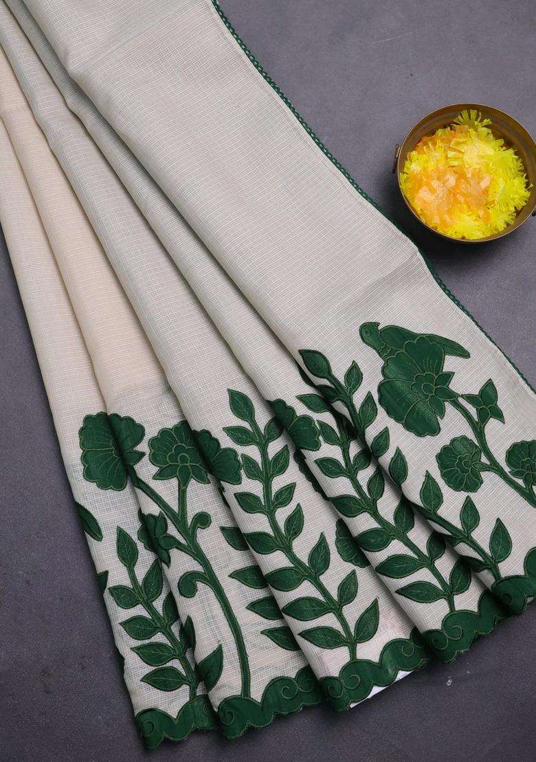 Kota Cotton Saree Beige And Green With Kalamkari Applique Work With Traditional Woven Design For Women - Indya