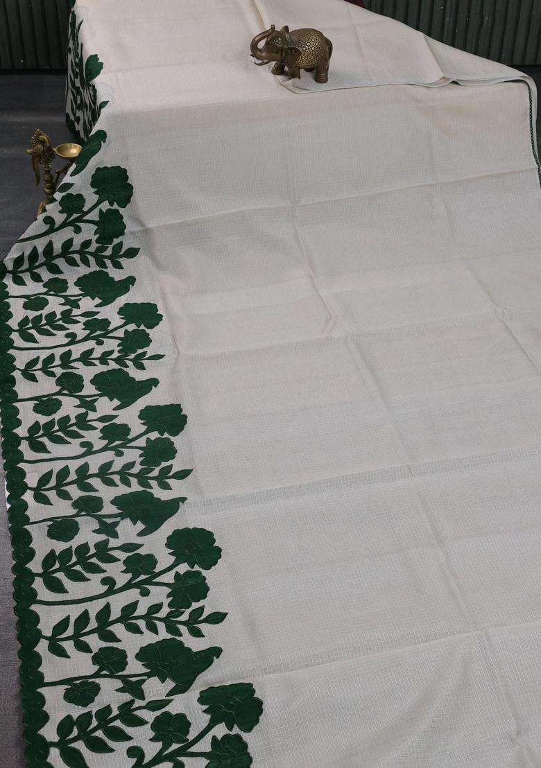 Kota Cotton Saree Beige And Green With Kalamkari Applique Work With Traditional Woven Design For Women - Indya
