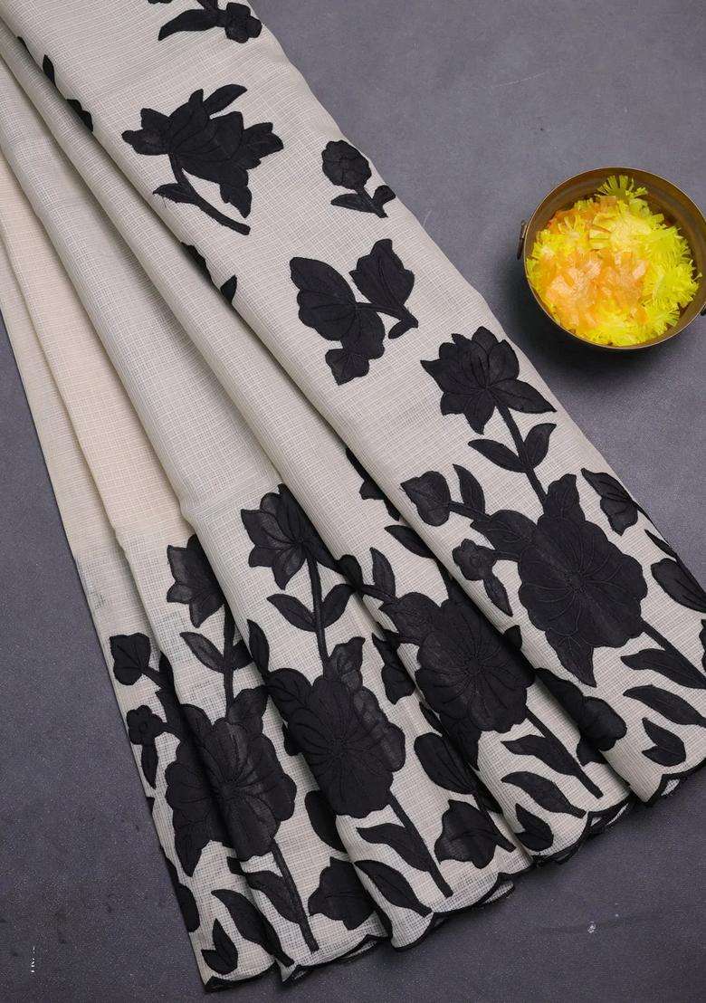 Kota Cotton Saree Beige And Black With Floral Applique Work With Traditional Woven Design For Women - Indya
