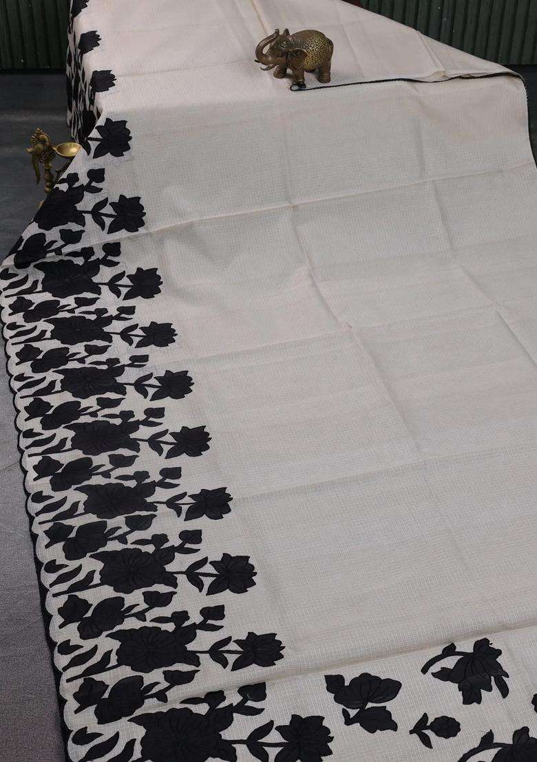 Kota Cotton Saree Beige And Black With Floral Applique Work With Traditional Woven Design For Women - Indya