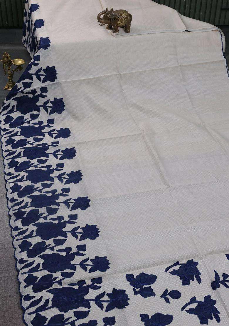Kota Cotton Saree Beige And Peacock Blue With Floral Applique Work With Traditional Woven Design For Women - Indya