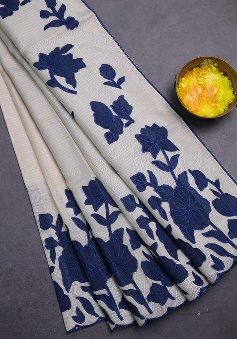 Kota Cotton Saree Beige And Peacock Blue With Floral Applique Work With Traditional Woven Design For Women