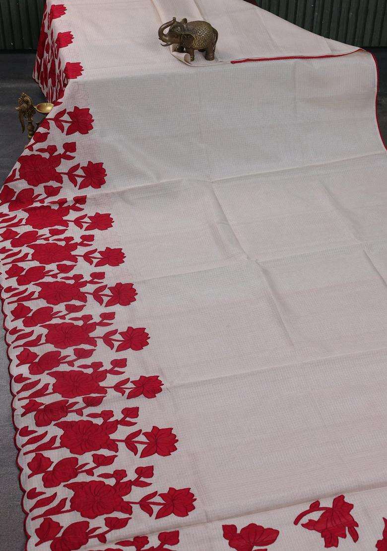 Kota Cotton Saree Beige And Maroon With Floral Applique Work With Traditional Woven Design For Women - Indya