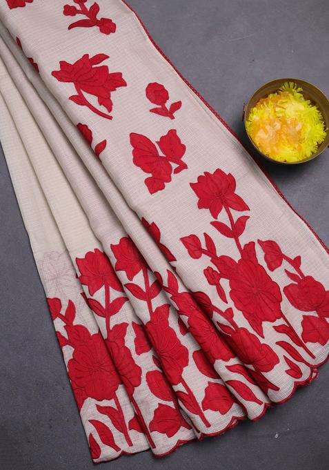 Kota Cotton Saree Beige And Maroon With Floral Applique Work With Traditional Woven Design For Women