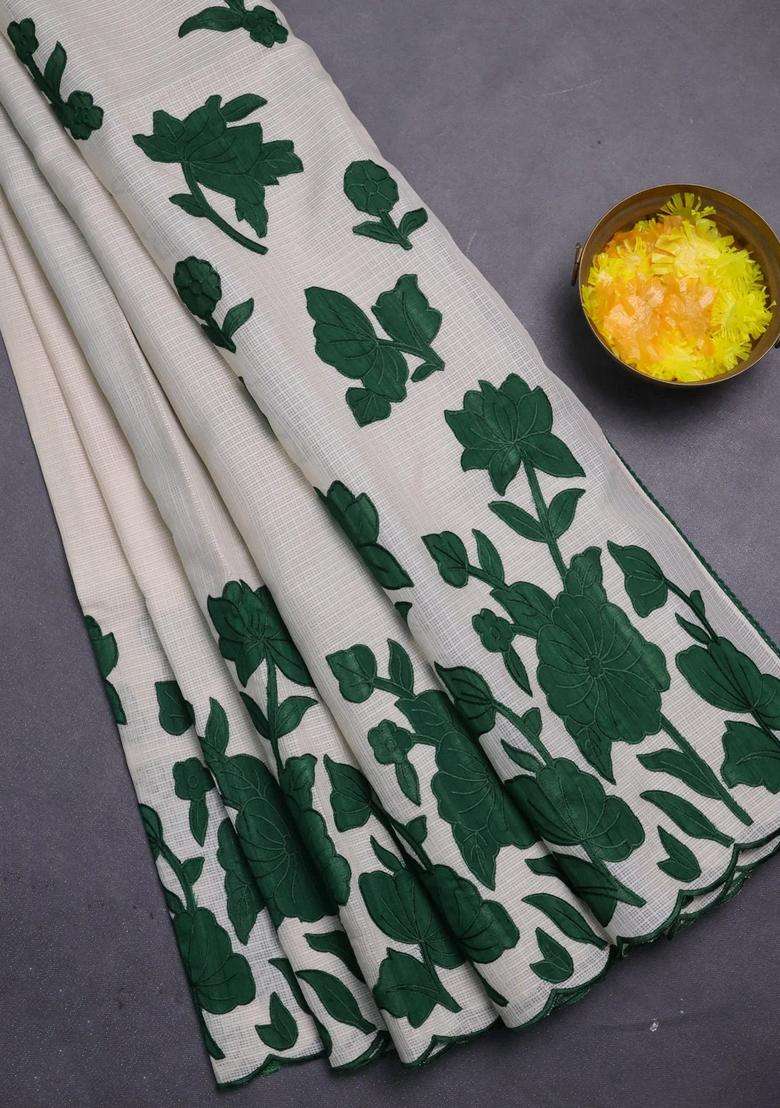 Kota Cotton Saree Beige And Green With Floral Applique Work With Traditional Woven Design For Women - Indya