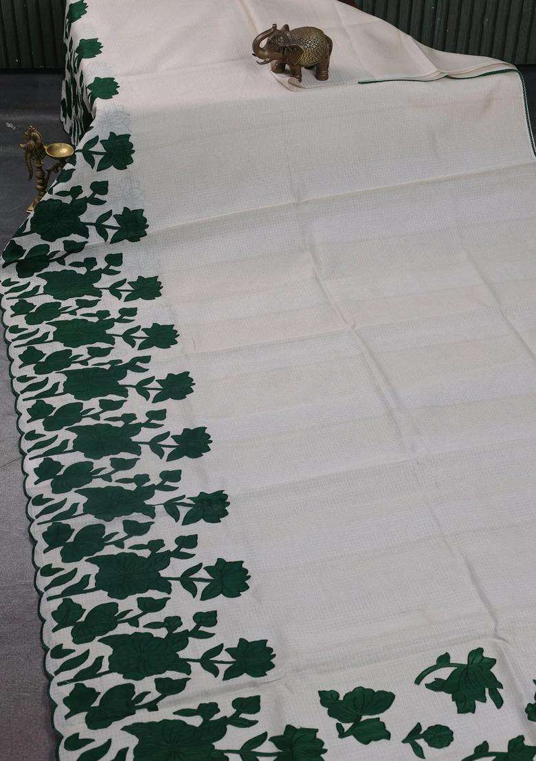 Kota Cotton Saree Beige And Green With Floral Applique Work With Traditional Woven Design For Women - Indya