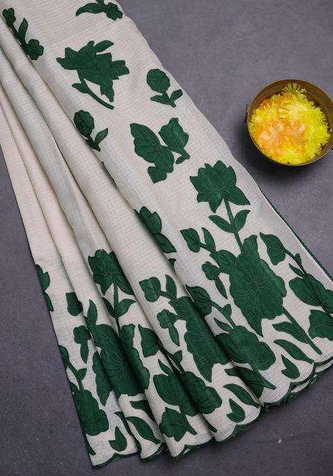 Kota Cotton Saree Beige And Green With Floral Applique Work With Traditional Woven Design For Women