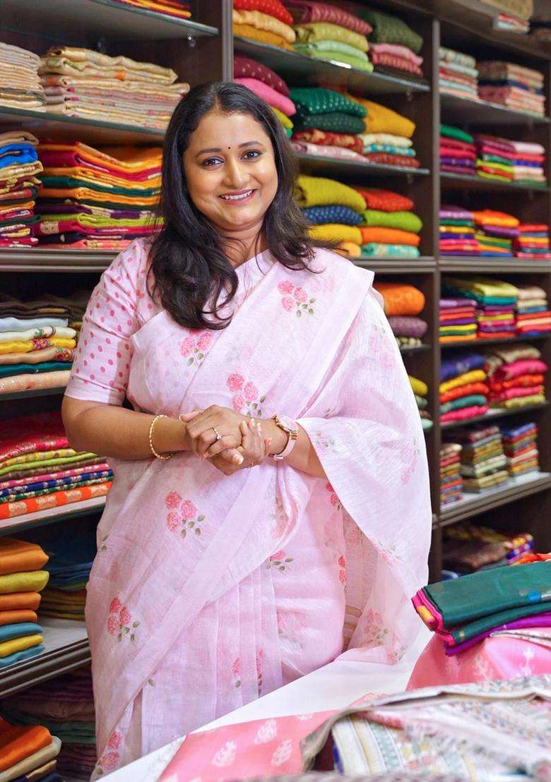 Pure Linen Silk Saree Light Pink With Allover Floral Prints And Simple Border With Printed Design For Women - Indya