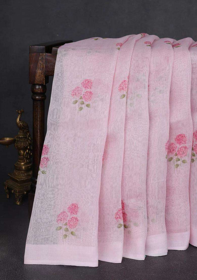 Pure Linen Silk Saree Light Pink With Allover Floral Prints And Simple Border With Printed Design For Women - Indya