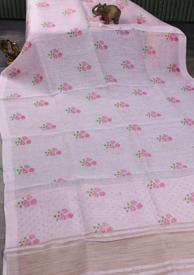 Pure Linen Silk Saree Light Pink With Allover Floral Prints And Simple Border With Printed Design For Women - Indya