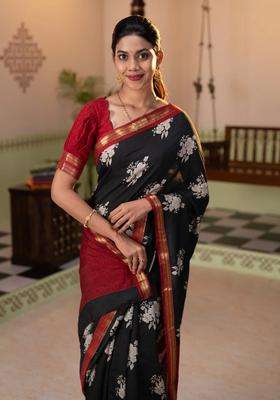 Muslin Silk Saree Black And Maroon With Floral Butta Prints And Zari Woven Border With Printed Design For Women