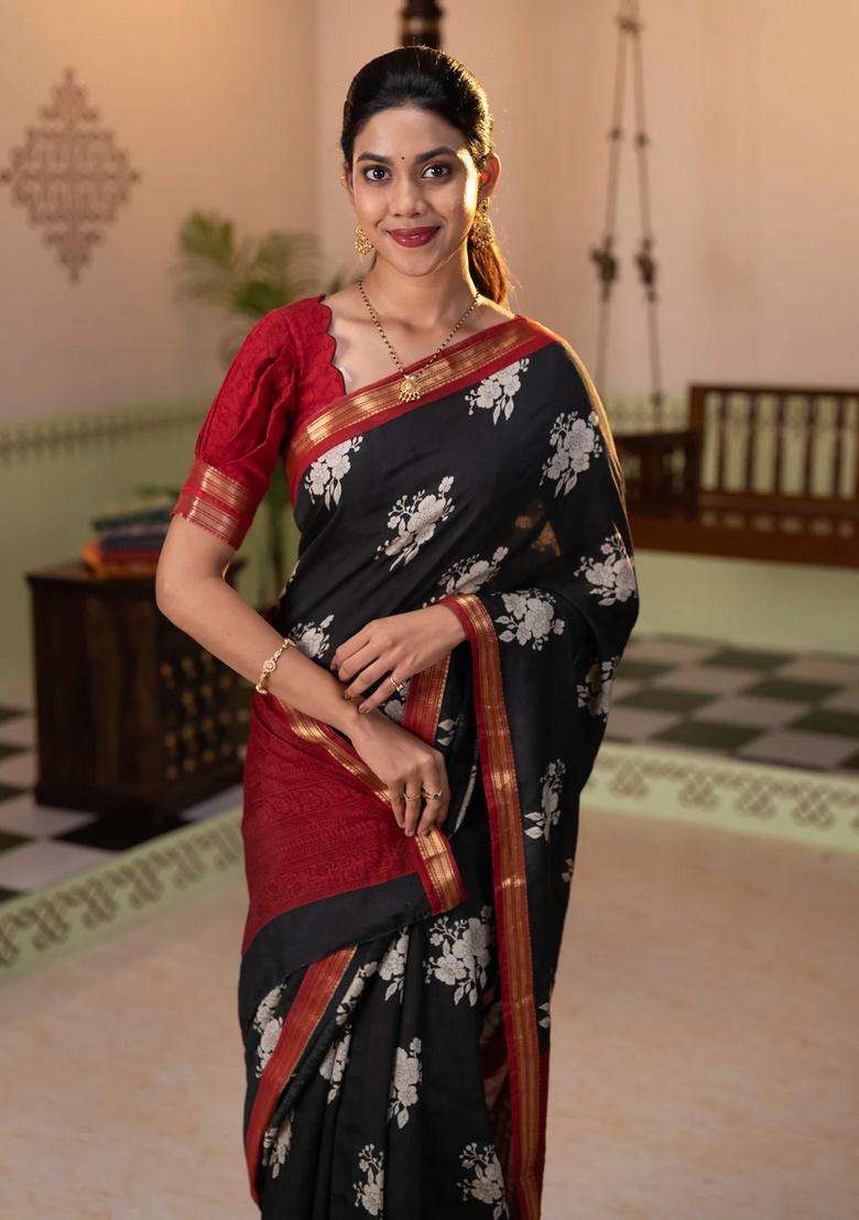 Muslin Silk Saree Black And Maroon With Floral Butta Prints And Zari Woven Border With Printed Design For Women - Indya