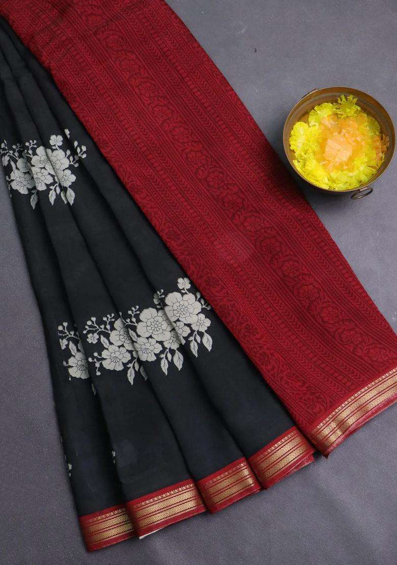 Muslin Silk Saree Black And Maroon With Floral Butta Prints And Zari Woven Border With Printed Design For Women - Indya