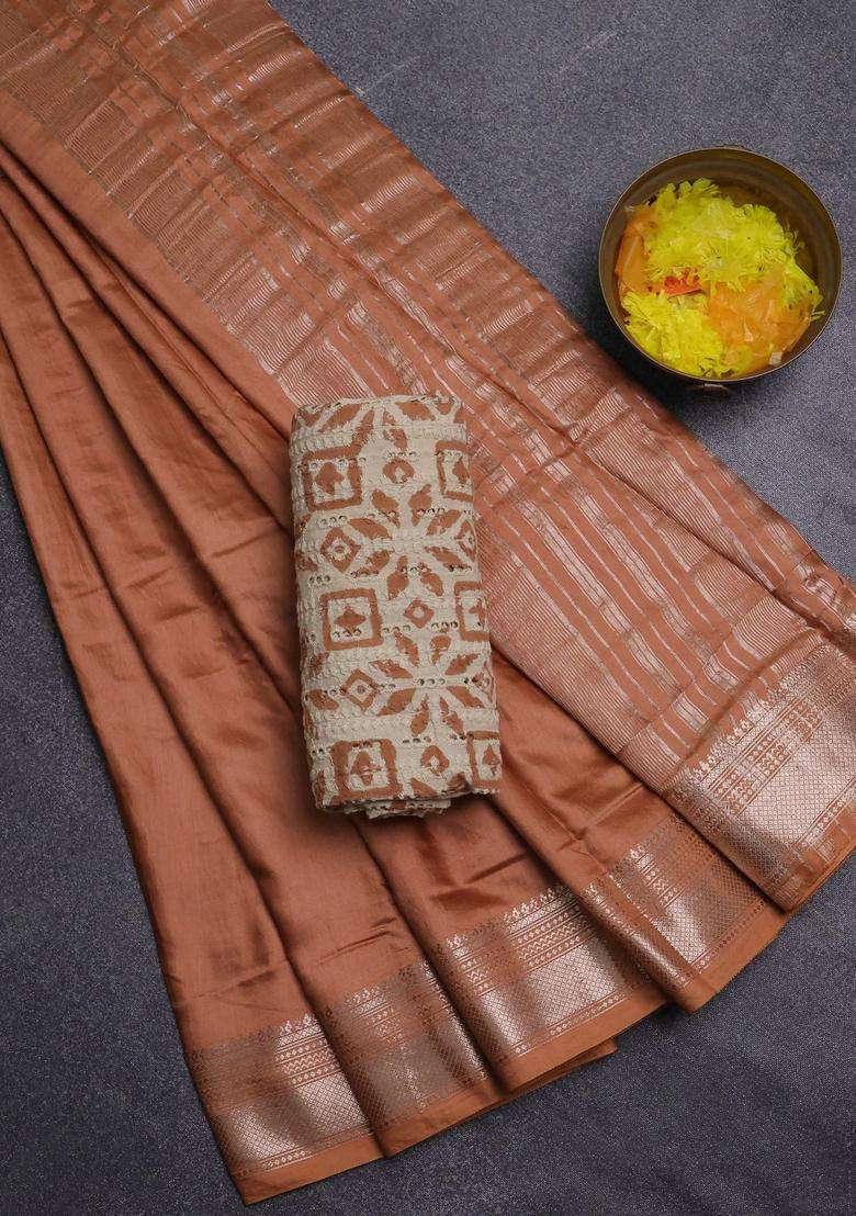 Semi Chanderi Silk Cotton Saree Rust Shade With Plain Body And Zari Woven Border With Traditional Woven Design For Women - Indya