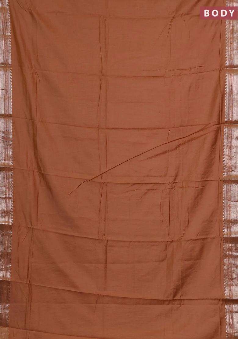 Semi Chanderi Silk Cotton Saree Rust Shade With Plain Body And Zari Woven Border With Traditional Woven Design For Women - Indya