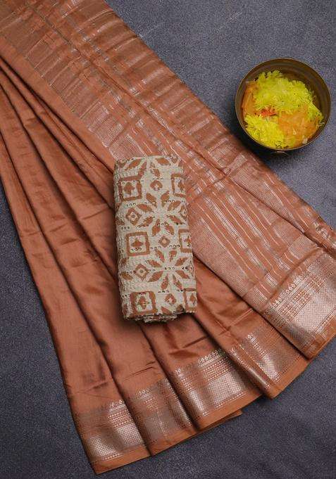 Semi Chanderi Silk Cotton Saree Rust Shade With Plain Body And Zari Woven Border With Traditional Woven Design For Women