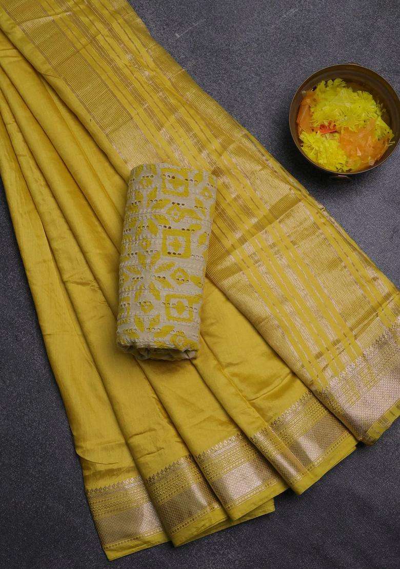 Semi Chanderi Silk Cotton Saree Yellow With Plain Body And Zari Woven Border With Traditional Woven Design For Women - Indya