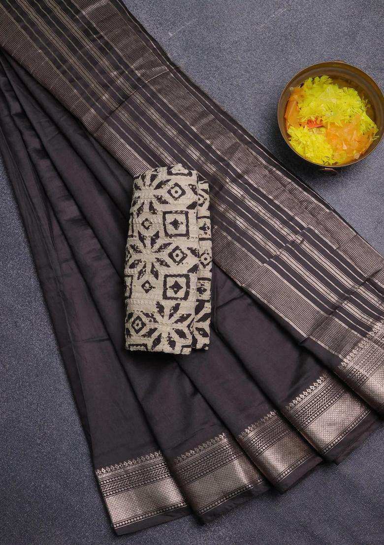 Semi Chanderi Silk Cotton Saree Coffee Brown With Plain Body And Zari Woven Border With Traditional Woven Design For Women - Indya