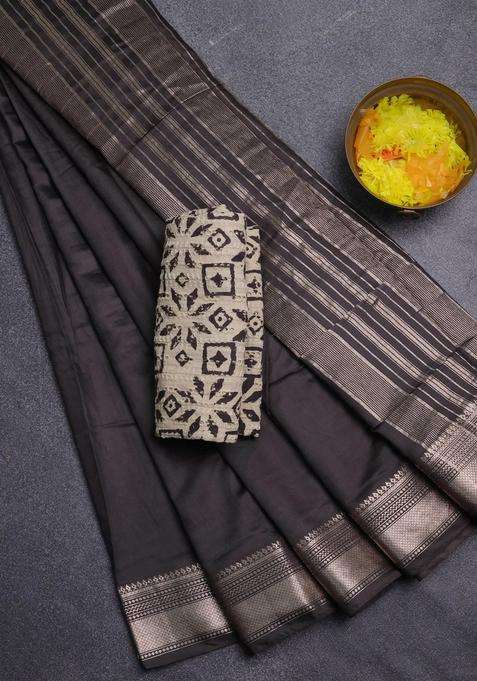 Semi Chanderi Silk Cotton Saree Coffee Brown With Plain Body And Zari Woven Border With Traditional Woven Design For Women