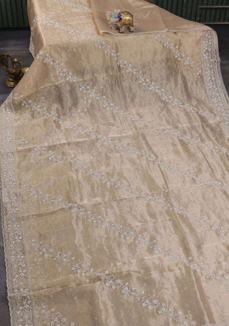 Tissue Silk Saree Sandal With Allover Embroidery Work And Beaded Work Embroidery Border With Embroidered Design For Women - Indya