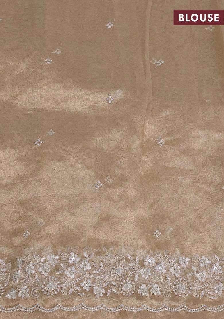 Tissue Silk Saree Sandal With Allover Embroidery Work And Beaded Work Embroidery Border With Embroidered Design For Women - Indya