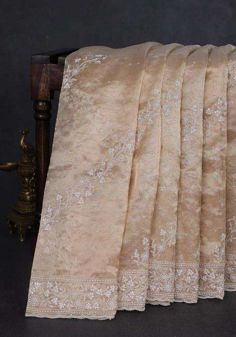 Tissue Silk Saree Sandal With Allover Embroidery Work And Beaded Work Embroidery Border With Embroidered Design For Women
