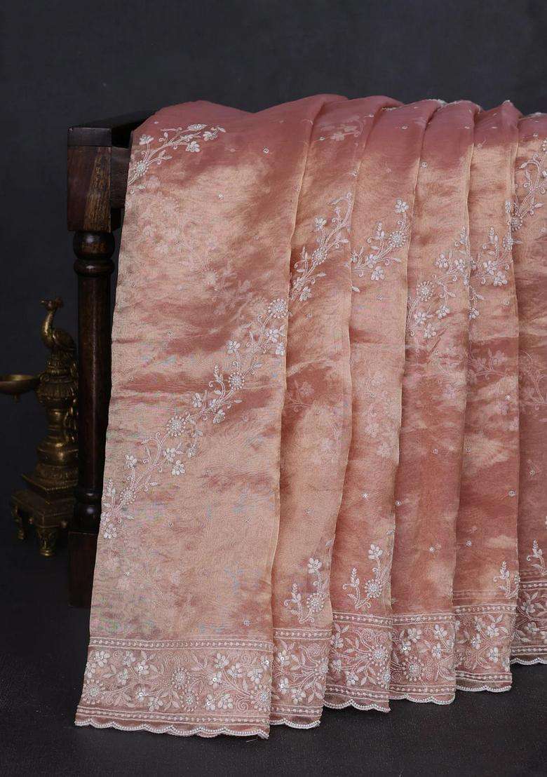 Tissue Silk Saree Pastel Pink With Allover Embroidery Sequin Work With Embroidered Design For Women - Indya