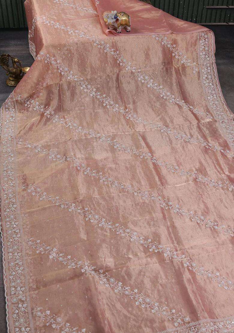 Tissue Silk Saree Pastel Pink With Allover Embroidery Sequin Work With Embroidered Design For Women - Indya