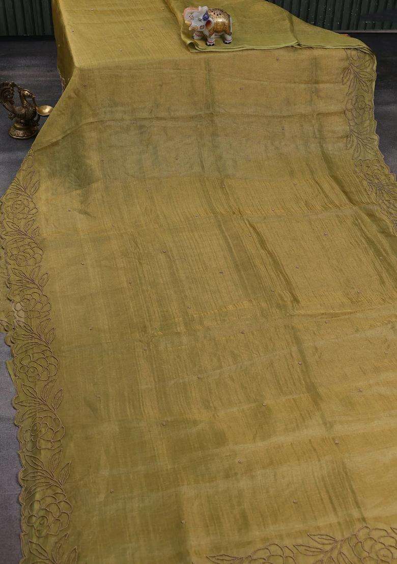 Tissue Silk Saree Elachi Green With Beaded Work And Beaded Work Embroidery Border With Embroidered Design For Women - Indya