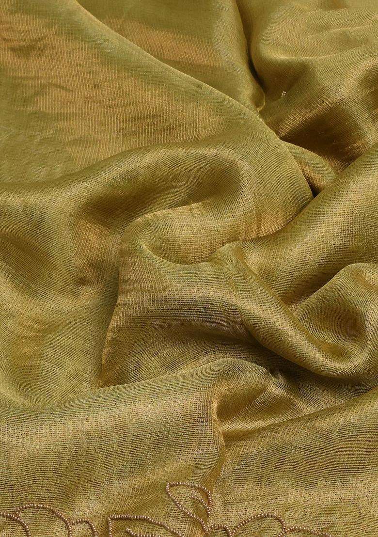 Tissue Silk Saree Elachi Green With Beaded Work And Beaded Work Embroidery Border With Embroidered Design For Women - Indya