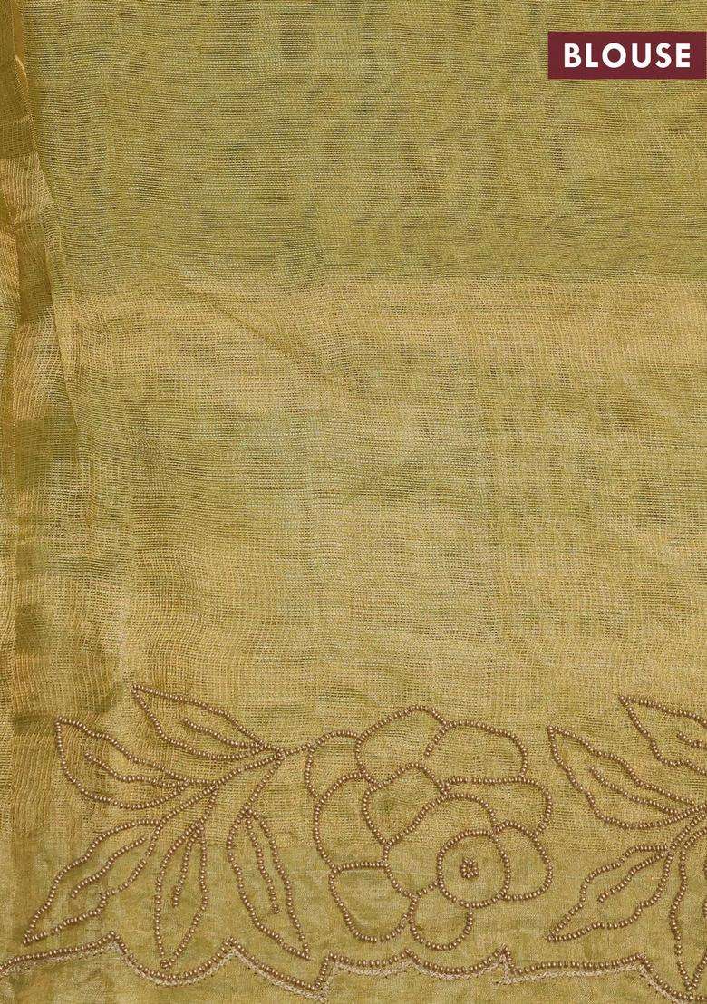 Tissue Silk Saree Elachi Green With Beaded Work And Beaded Work Embroidery Border With Embroidered Design For Women - Indya