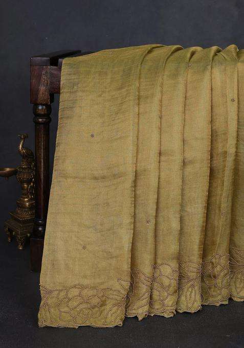 Tissue Silk Saree Elachi Green With Beaded Work And Beaded Work Embroidery Border With Embroidered Design For Women