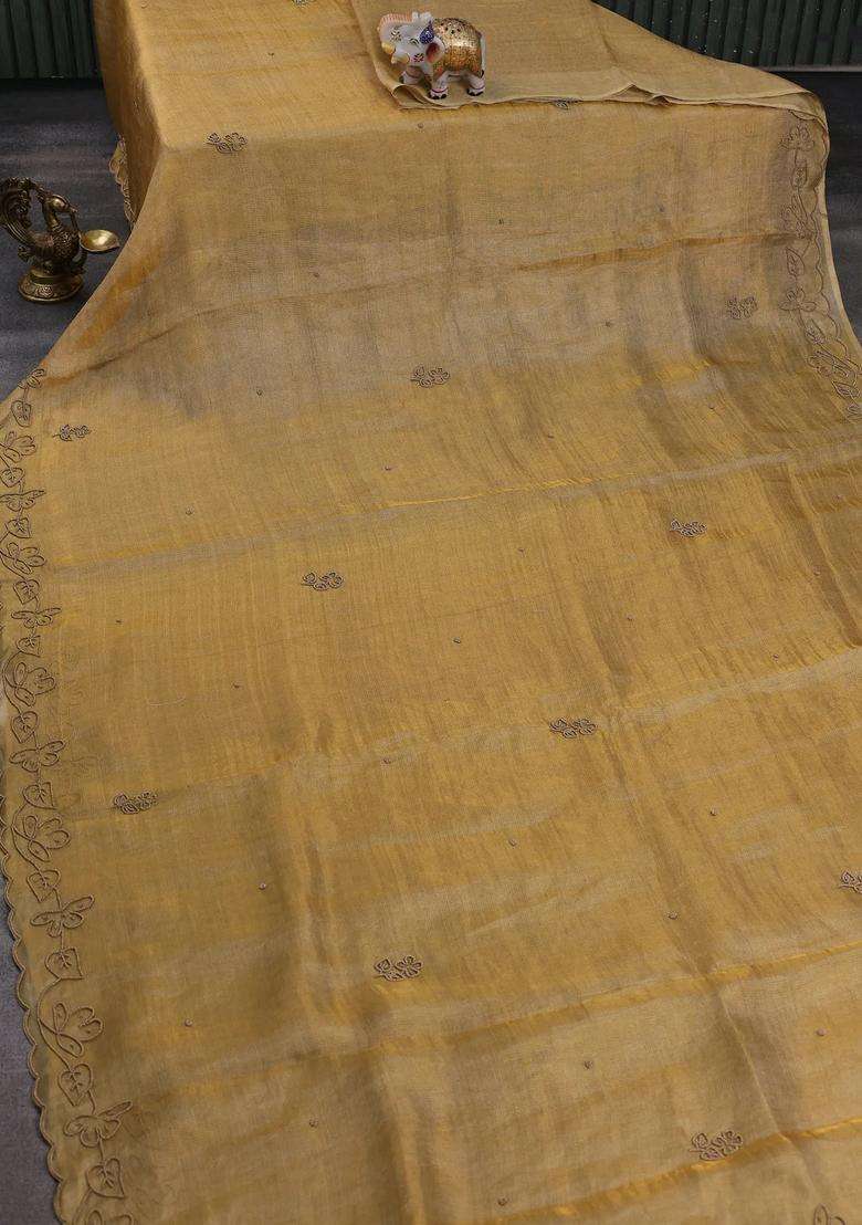 Tissue Silk Saree Sandal With Beaded Work And Beaded Work Embroidery Border With Embroidered Design For Women - Indya
