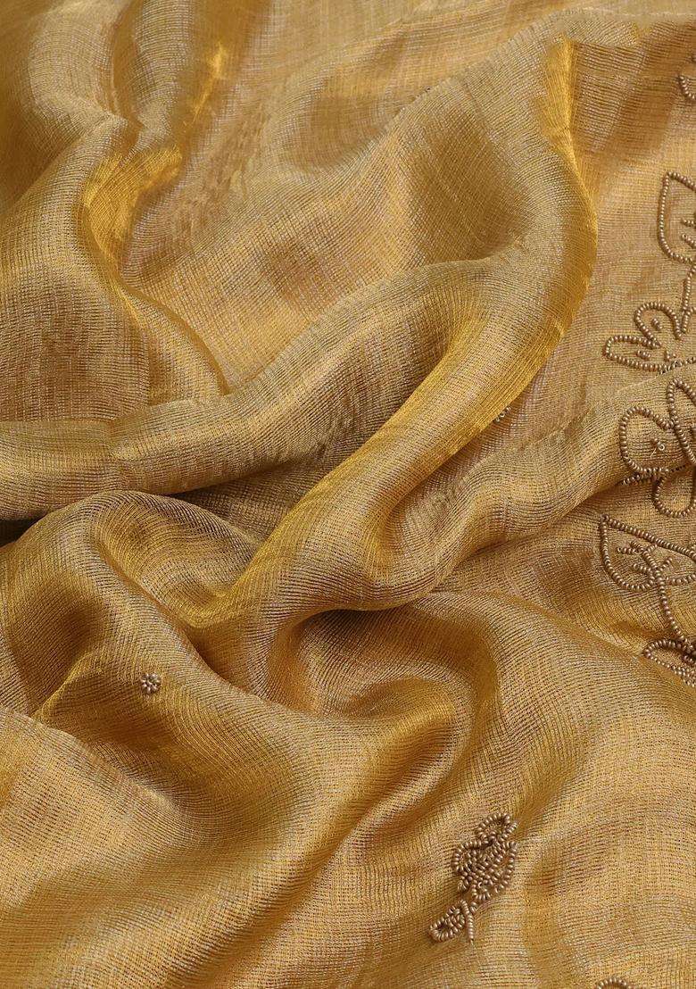 Tissue Silk Saree Sandal With Beaded Work And Beaded Work Embroidery Border With Embroidered Design For Women - Indya