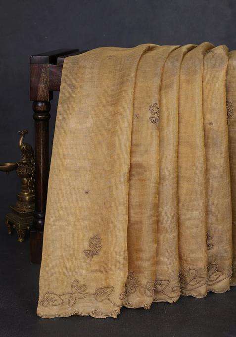 Tissue Silk Saree Sandal With Beaded Work And Beaded Work Embroidery Border With Embroidered Design For Women
