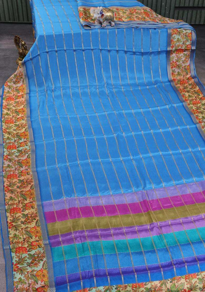Art Chiffon Saree Blue And Sandal With Allover Zari Stripe Pattern And Zari Woven Printed Borded For Women - Indya