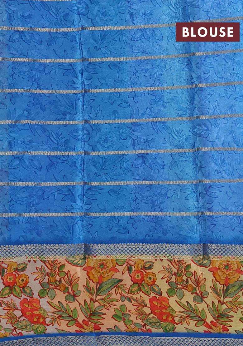 Art Chiffon Saree Blue And Sandal With Allover Zari Stripe Pattern And Zari Woven Printed Borded For Women - Indya