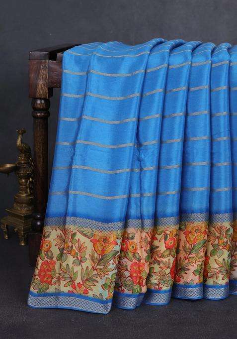 Art Chiffon Saree Blue And Sandal With Allover Zari Stripe Pattern And Zari Woven Printed Borded For Women