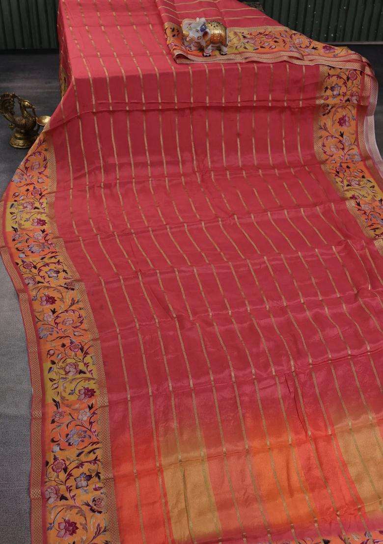 Art Chiffon Saree Dark Peach And Orange With Allover Zari Stripe Pattern And Zari Woven Printed Borded For Women - Indya