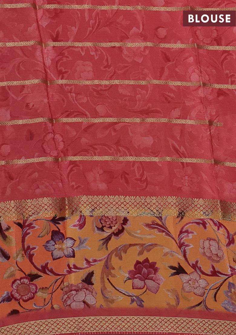 Art Chiffon Saree Dark Peach And Orange With Allover Zari Stripe Pattern And Zari Woven Printed Borded For Women - Indya
