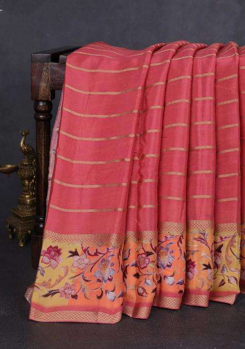 Art Chiffon Saree Dark Peach And Orange With Allover Zari Stripe Pattern And Zari Woven Printed Borded For Women