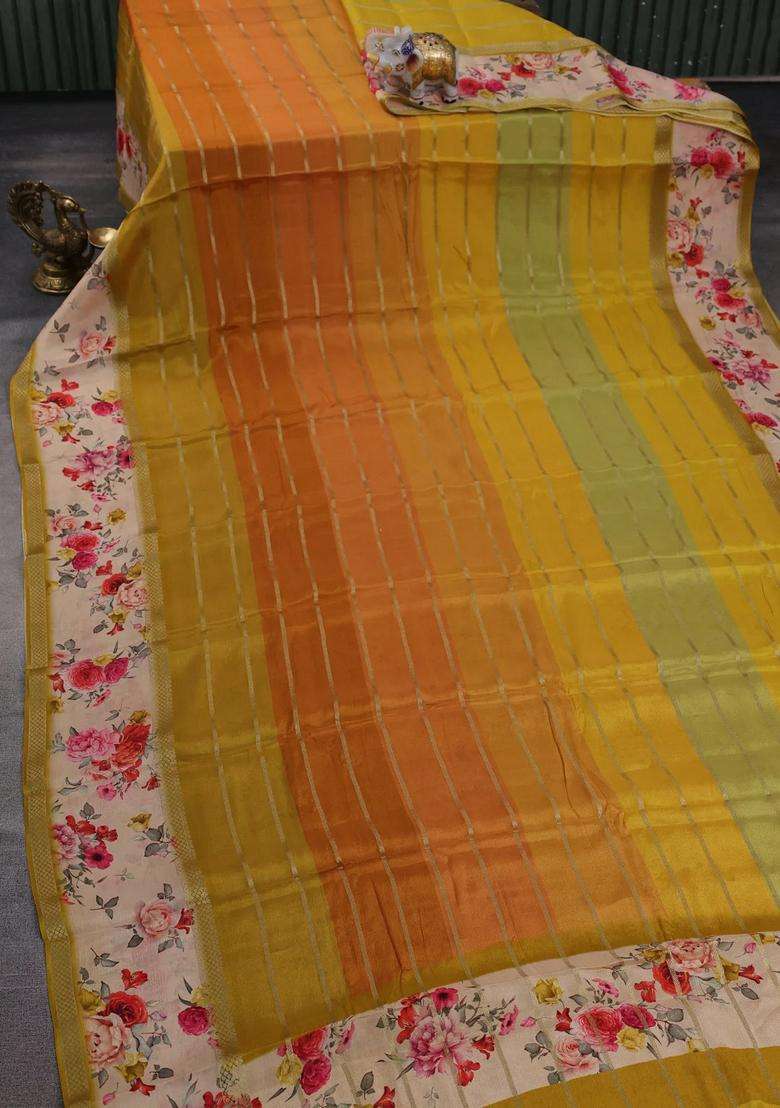 Art Chiffon Saree Multi Colour And Mustard Yellow With Allover Zari Stripe Pattern And Zari Woven Printed Borded For Women - Indya