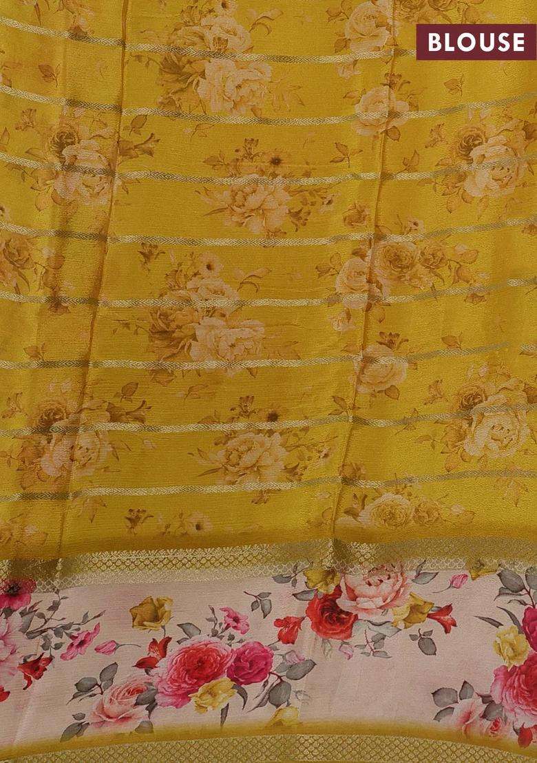 Art Chiffon Saree Multi Colour And Mustard Yellow With Allover Zari Stripe Pattern And Zari Woven Printed Borded For Women - Indya