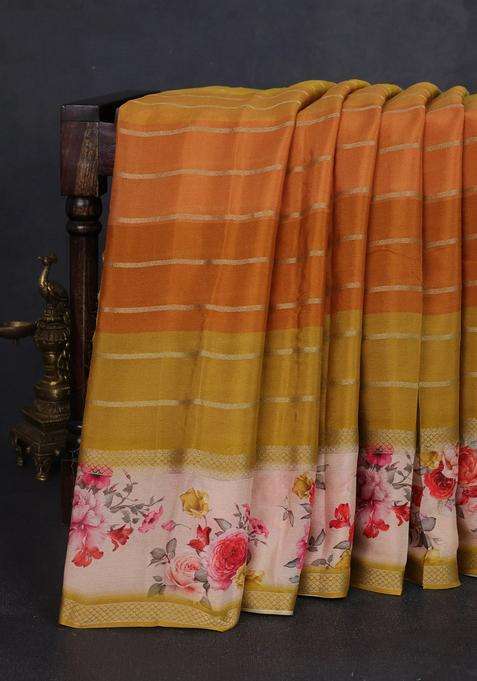 Art Chiffon Saree Multi Colour And Mustard Yellow With Allover Zari Stripe Pattern And Zari Woven Printed Borded For Women