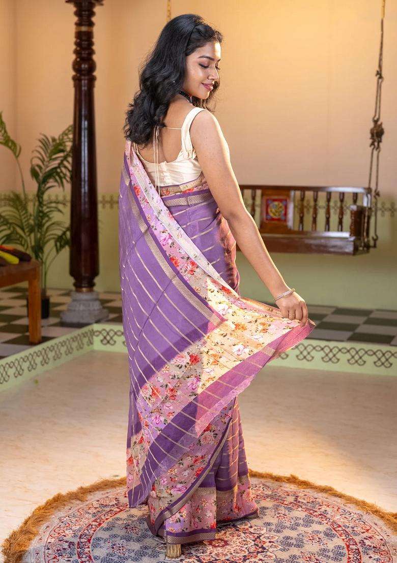 Art Chiffon Saree Pastel Purple And Lavender With Allover Zari Stripe Pattern And Zari Woven Printed Borded For Women - Indya