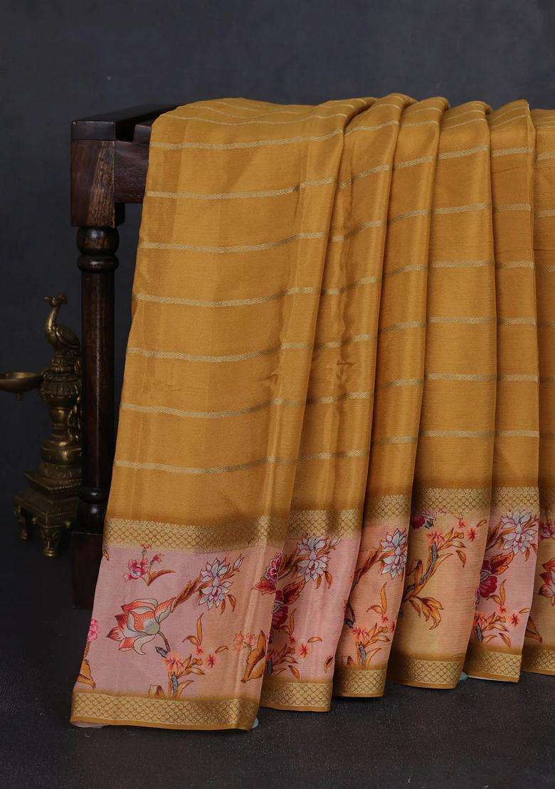 Art Chiffon Saree Mustard Yellow And Pastel Peach With Allover Zari Stripe Pattern And Zari Woven Printed Borded For Women - Indya