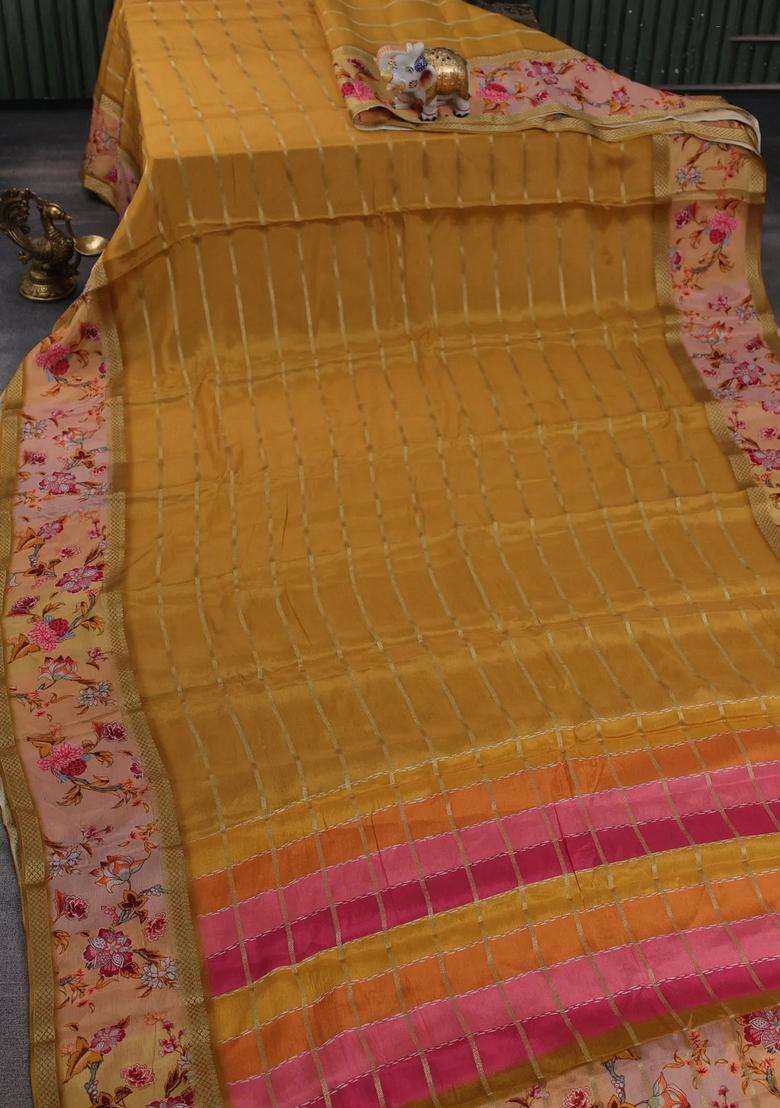 Art Chiffon Saree Mustard Yellow And Pastel Peach With Allover Zari Stripe Pattern And Zari Woven Printed Borded For Women - Indya