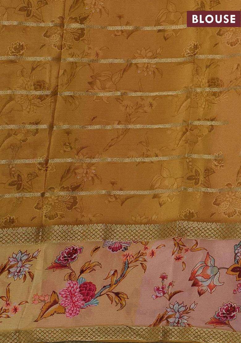 Art Chiffon Saree Mustard Yellow And Pastel Peach With Allover Zari Stripe Pattern And Zari Woven Printed Borded For Women - Indya