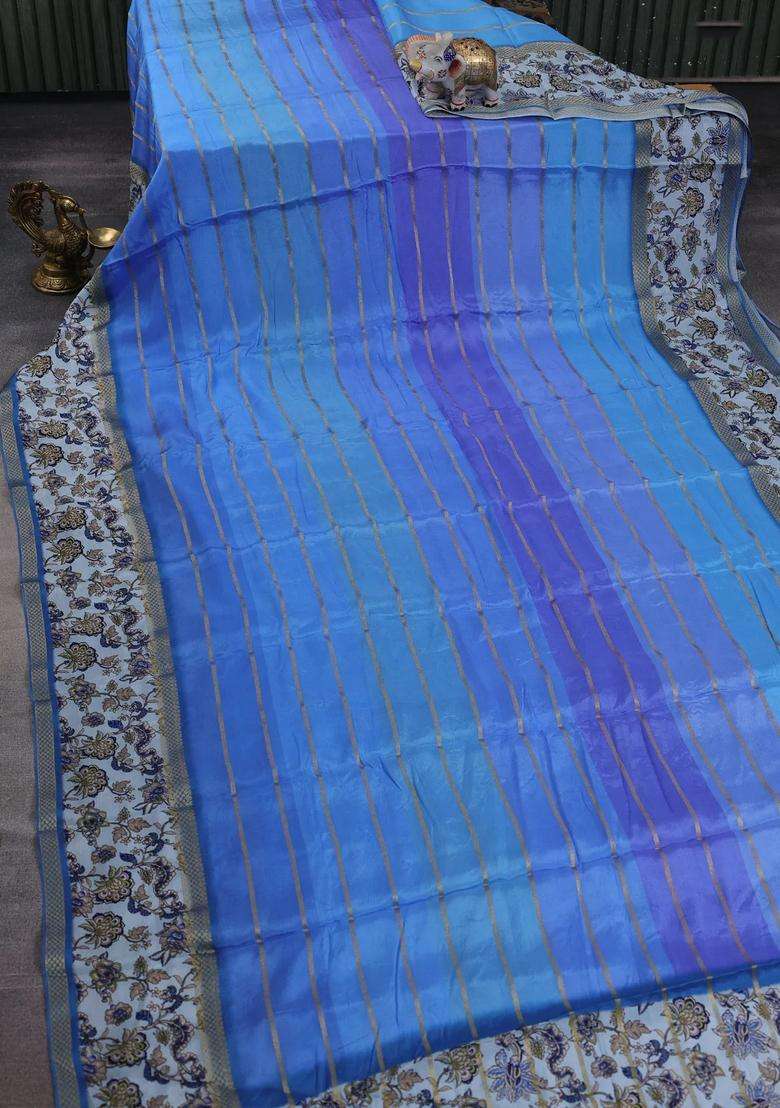 Art Chiffon Saree Blue Shade And Pastel Blue With Allover Zari Stripe Pattern And Zari Woven Printed Borded For Women - Indya